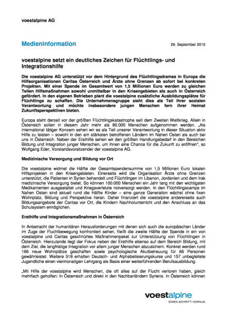 voestalpine setzt ein deutliches Zeichen für Flüchtlings- und Integrationshilfe, Seite 1/2, komplettes Dokument unter http://boerse-social.com/static/uploads/file_388_voestalpine_setzt_ein_deutliches_zeichen_fur_fluchtlings-_und_integrationshilfe.pdf (29.09.2015) 