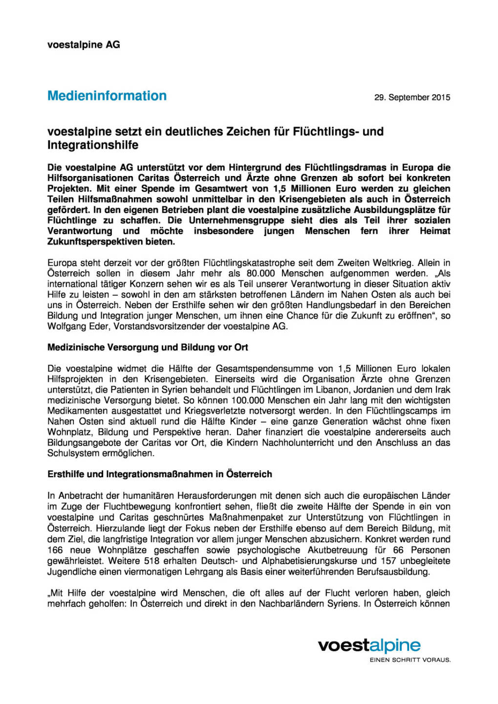 voestalpine setzt ein deutliches Zeichen für Flüchtlings- und Integrationshilfe, Seite 1/2, komplettes Dokument unter http://boerse-social.com/static/uploads/file_388_voestalpine_setzt_ein_deutliches_zeichen_fur_fluchtlings-_und_integrationshilfe.pdf