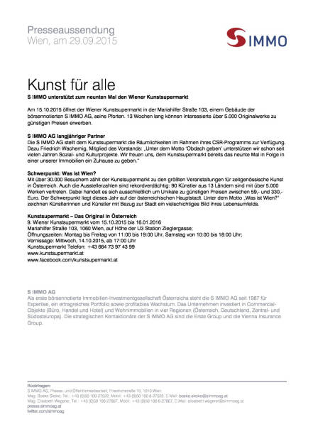 S Immo unterstützt Wiener Kunstsupermarkt, Seite 1/1, komplettes Dokument unter http://boerse-social.com/static/uploads/file_390_s_immo_unterstützt_wiener_kunstsupermarkt.pdf (29.09.2015) 