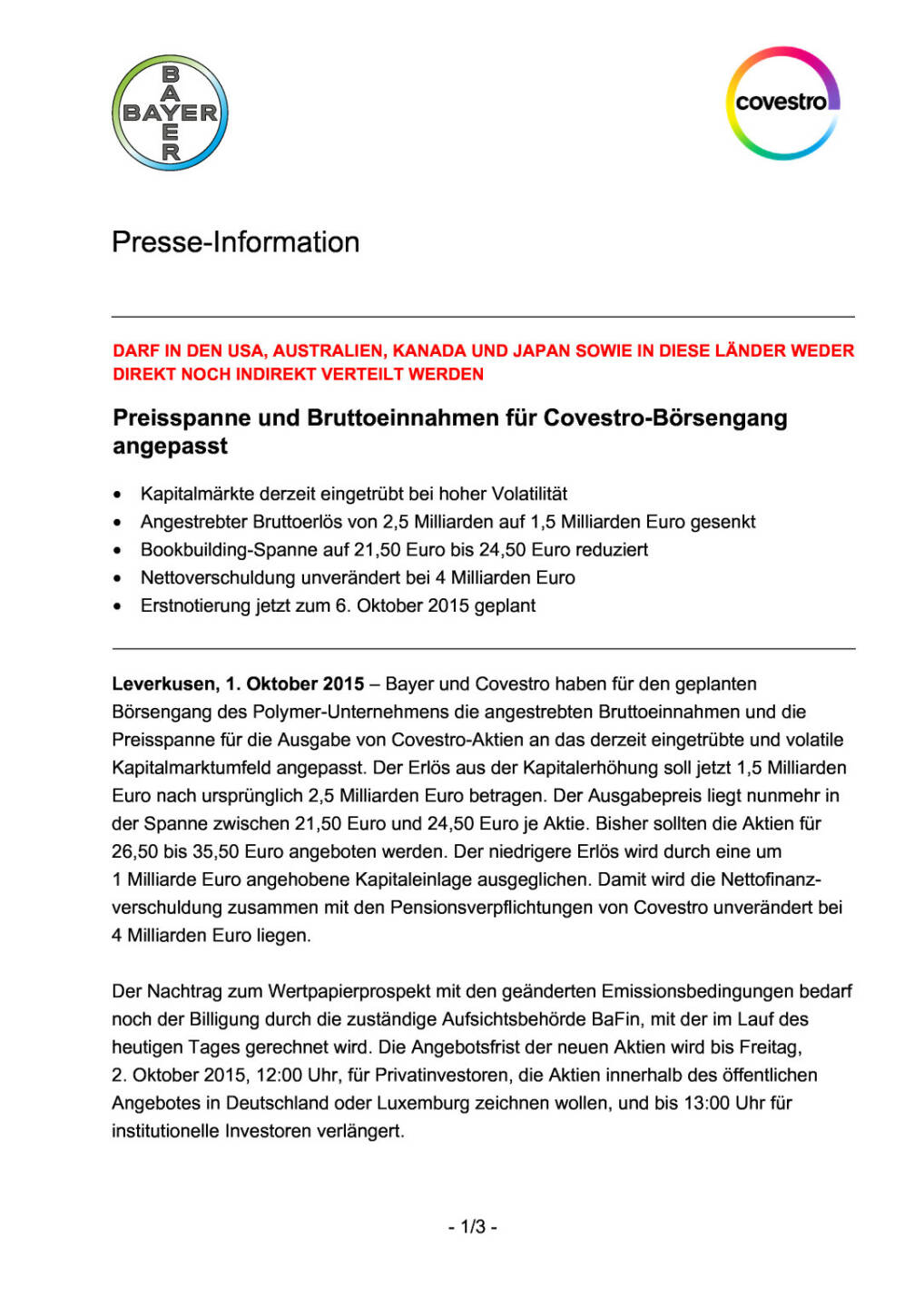 Bayer: Preisspanne und Bruttoeinnahmen für Covestro-Börsengang angepasst, Seite 1/3, komplettes Dokument unter http://boerse-social.com/static/uploads/file_393_bayer_preisspanne_und_bruttoeinnahmen_fur_covestro-borsengang_angepasst.pdf