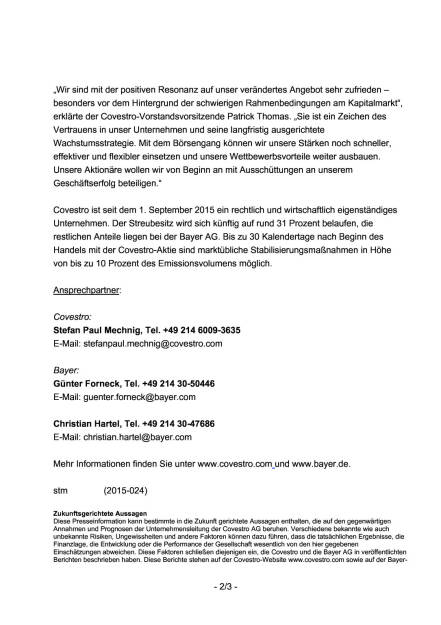 Covestro legt Ausgabepreis auf 24,00 Euro pro Aktie fest , Seite 2/3, komplettes Dokument unter http://boerse-social.com/static/uploads/file_394_covestro_legt_ausgabepreis_auf_2400_euro_pro_aktie_fest.pdf (02.10.2015) 