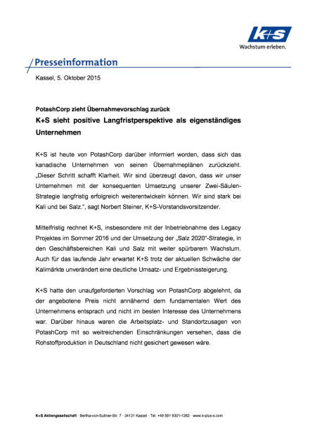 K+S sieht Eigenständigkeit positiv, Seite 1/2, komplettes Dokument unter http://boerse-social.com/static/uploads/file_402_ks_sieht_eigenstandigkeit_positiv.pdf (05.10.2015) 