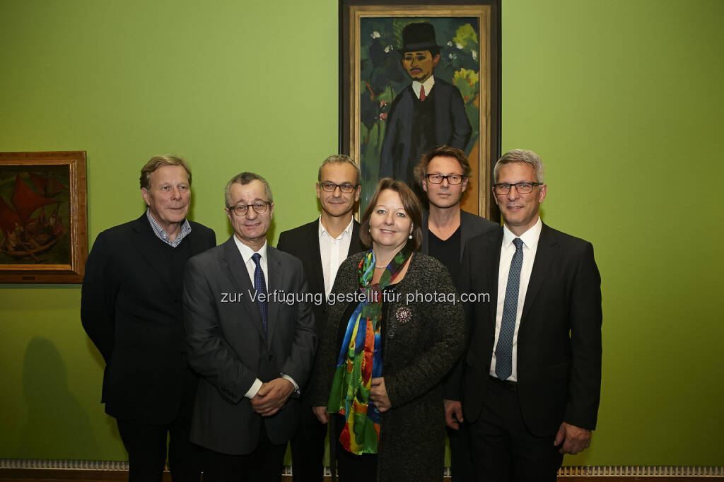 Otto Letze (Herausg. Ausstellungskataloges), Tayfun Belgin (Dir. Osthaus Museum Hagen), Ivan Ristić (Kurator Ausstellung Leopold Museum), Gabriele Langer (Kaufm. Dir. Leopold Museum), Hans-Peter Wipplinger (Museologischer Dir. Leopold Museum), Erik O. Schulz (Oberbürgermeister Stadt Hagen) : Leopold Museum eröffnet „Farbenrausch“ : Deutsche Expressionisten aus dem Osthaus Museum Hagen zu Gast in Wien : Fotocredit: Leopold Museum/APA-Fotoservice/Roßboth, © Aussendung (09.10.2015) 