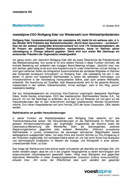 voestalpine-CEO Wolfgang Eder vor Wiederwahl zum Weltstahlpräsidenten, Seite 1/2, komplettes Dokument unter http://boerse-social.com/static/uploads/file_409_voestalpine-ceo_wolfgang_eder_vor_wiederwahl_zum_weltstahlprasidenten.pdf (12.10.2015) 