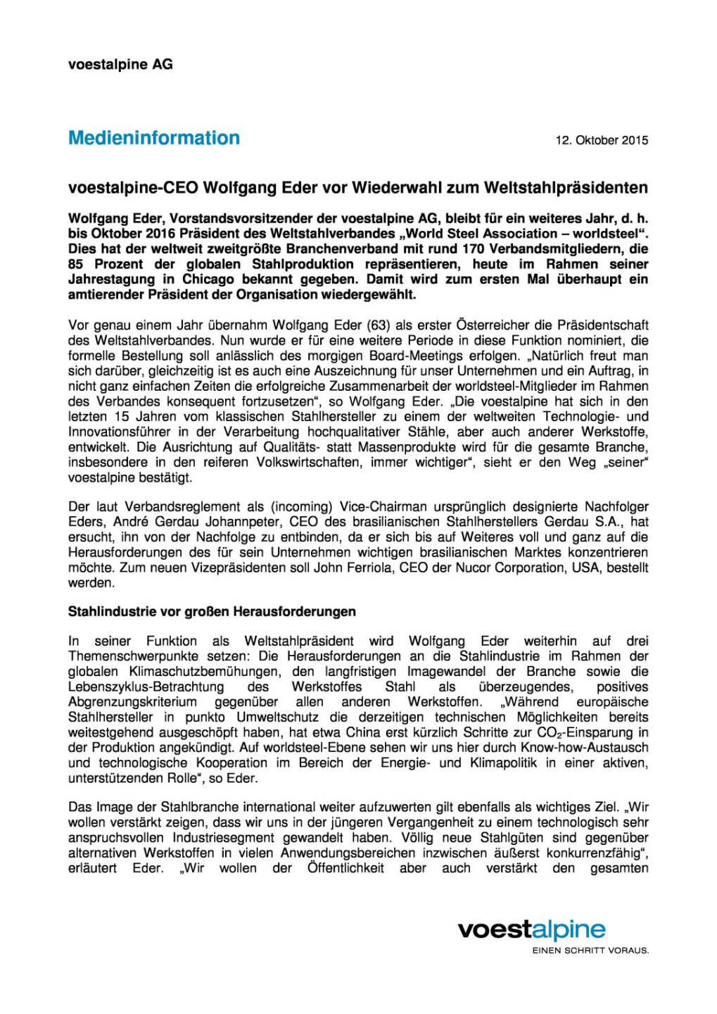 voestalpine-CEO Wolfgang Eder vor Wiederwahl zum Weltstahlpräsidenten, Seite 1/2, komplettes Dokument unter http://boerse-social.com/static/uploads/file_409_voestalpine-ceo_wolfgang_eder_vor_wiederwahl_zum_weltstahlprasidenten.pdf