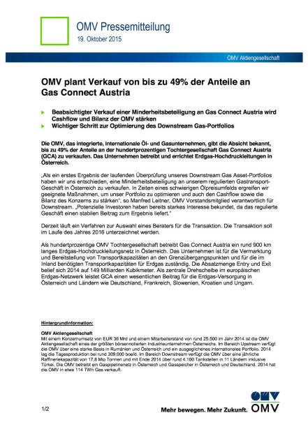 OMV plant Verkauf von Anteilen an Gas Connect Austria, Seite 1/2, komplettes Dokument unter http://boerse-social.com/static/uploads/file_416_omv_plant_verkauf_von_anteilen_an_gas_connect_austria.pdf (19.10.2015) 