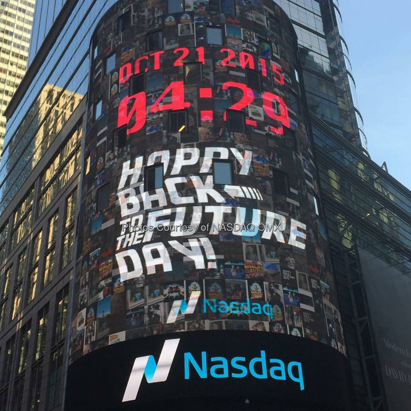October 21st 2015, 4:29pm your #BackToTheFutureDay posts appear on the @Nasdaq Tower in #TimesSquare courtesy of #Nasdaq and @PayPal #BackToTheFuture #BTTF2015 watch the full video on #Periscope  Source: http://facebook.com/NASDAQ