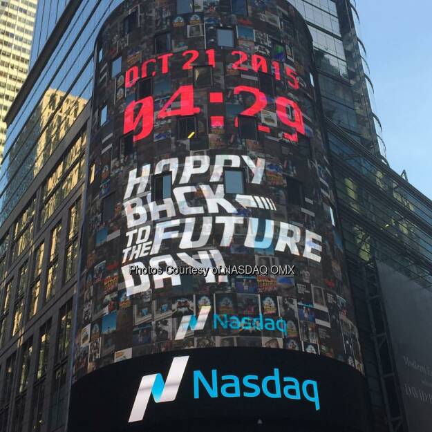 October 21st 2015, 4:29pm your #BackToTheFutureDay posts appear on the @Nasdaq Tower in #TimesSquare courtesy of #Nasdaq and @PayPal #BackToTheFuture #BTTF2015 watch the full video on #Periscope  Source: http://facebook.com/NASDAQ (22.10.2015) 
