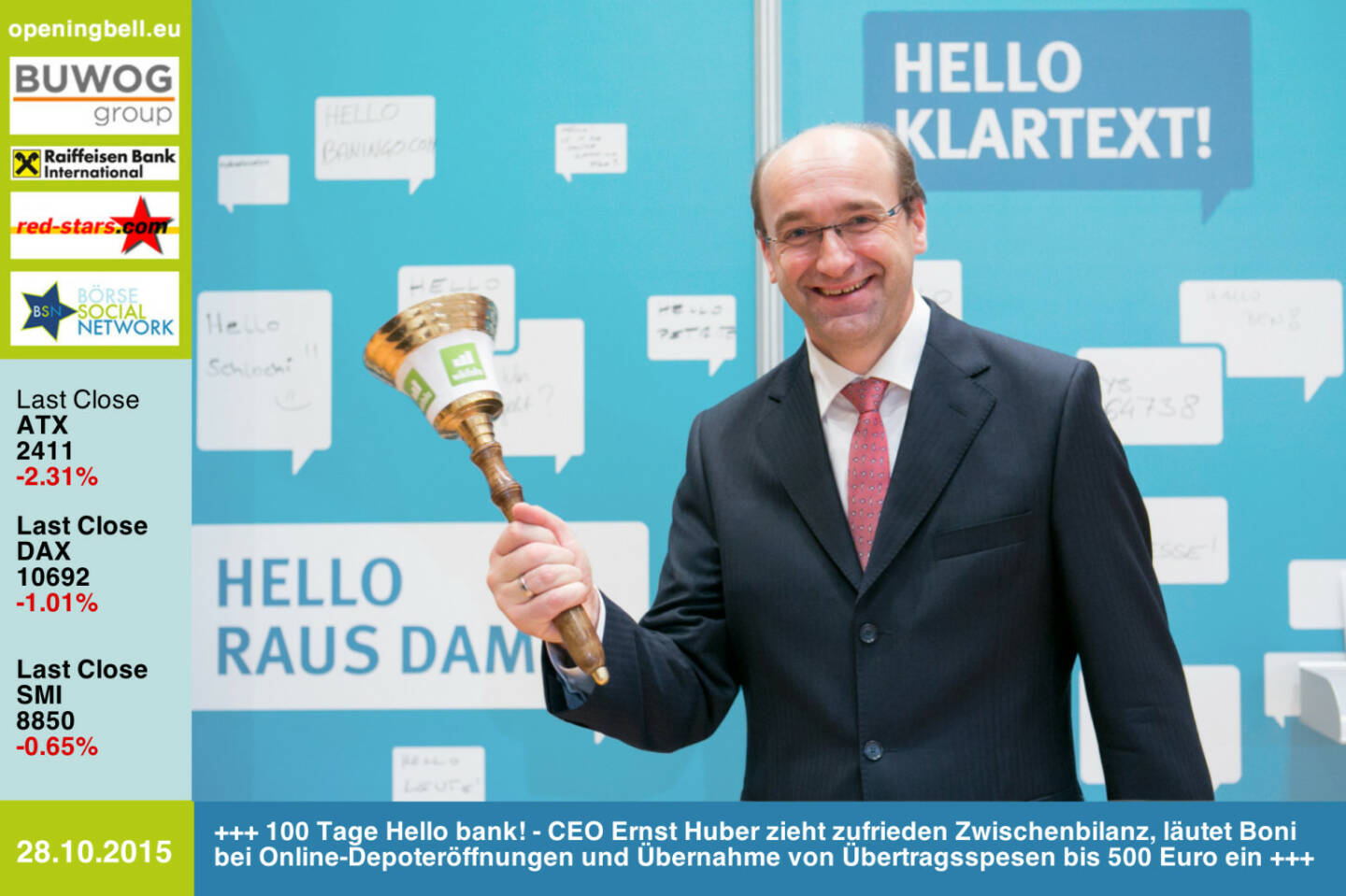 #openingbell am 28.10: 100 Tage Hello bank! - CEO Ernst Huber zieht zufrieden Zwischenbilanz, läutet Boni bei Online-Depoteröffnungen und Übernahme von Übertragsspesen bis 500 Euro ein http://www.openingbell.eu