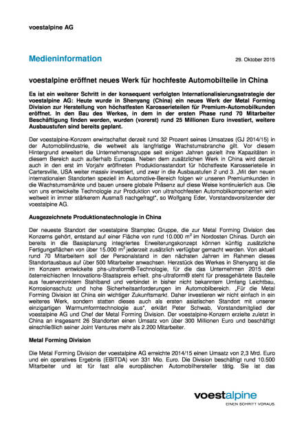 voestalpine eröffnet neues Werk für hochfeste Automobilteile in China, Seite 1/2, komplettes Dokument unter http://boerse-social.com/static/uploads/file_430_voestalpine_eroffnet_neues_werk_fur_hochfeste_automobilteile_in_china.pdf (29.10.2015) 