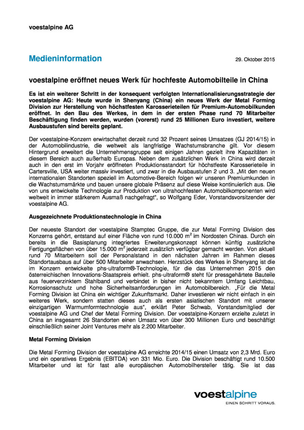 voestalpine eröffnet neues Werk für hochfeste Automobilteile in China, Seite 1/2, komplettes Dokument unter http://boerse-social.com/static/uploads/file_430_voestalpine_eroffnet_neues_werk_fur_hochfeste_automobilteile_in_china.pdf