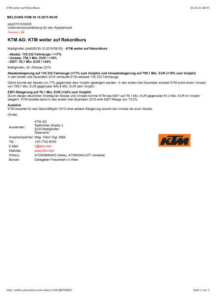 KTM weiter auf Rekordkurs, Seite 1/1, komplettes Dokument unter http://boerse-social.com/static/uploads/file_432_ktm_weiter_auf_rekordkurs.pdf (30.10.2015) 