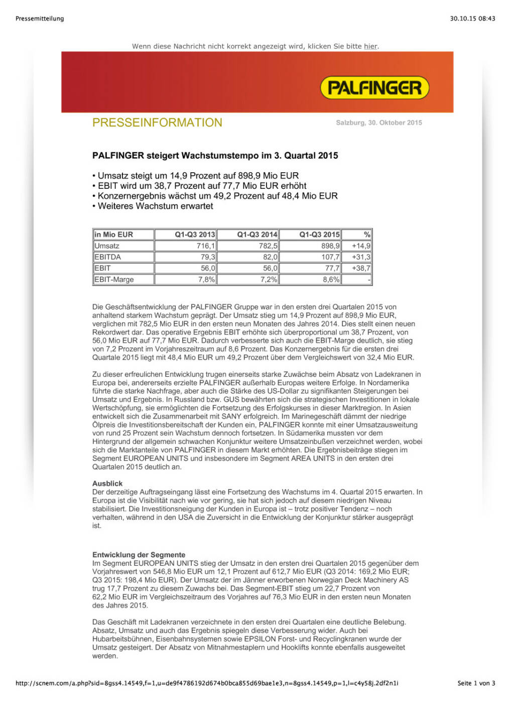 Palfinger steigert Wachstumstempo im 3. Quartal 2015 , Seite 1/3, komplettes Dokument unter http://boerse-social.com/static/uploads/file_431_palfinger_steigert_wachstumstempo_im_3_quartal_2015.pdf