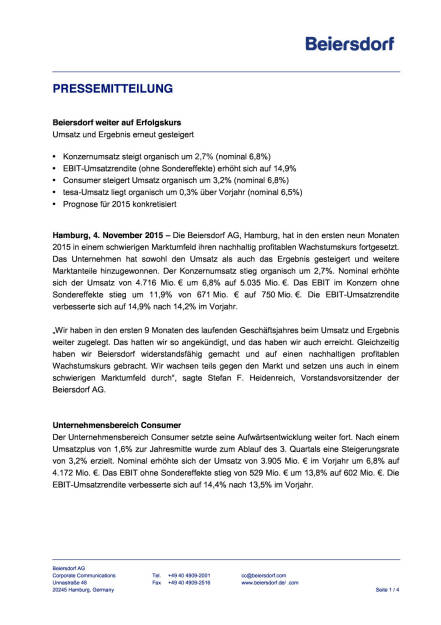 Beiersdorf steigert Umsatz und Ergebnis, Seite 1/4, komplettes Dokument unter http://boerse-social.com/static/uploads/file_437_beiersdorf_steigert_umsatz_und_ergebnis.pdf (04.11.2015) 