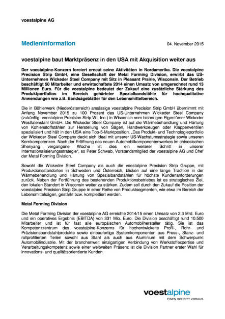 voestalpine baut Marktpräsenz in den USA mit Akquisition weiter aus, Seite 1/2, komplettes Dokument unter http://boerse-social.com/static/uploads/file_440_voestalpine_baut_marktprasenz_in_den_usa_mit_akquisition_weiter_aus.pdf (04.11.2015) 