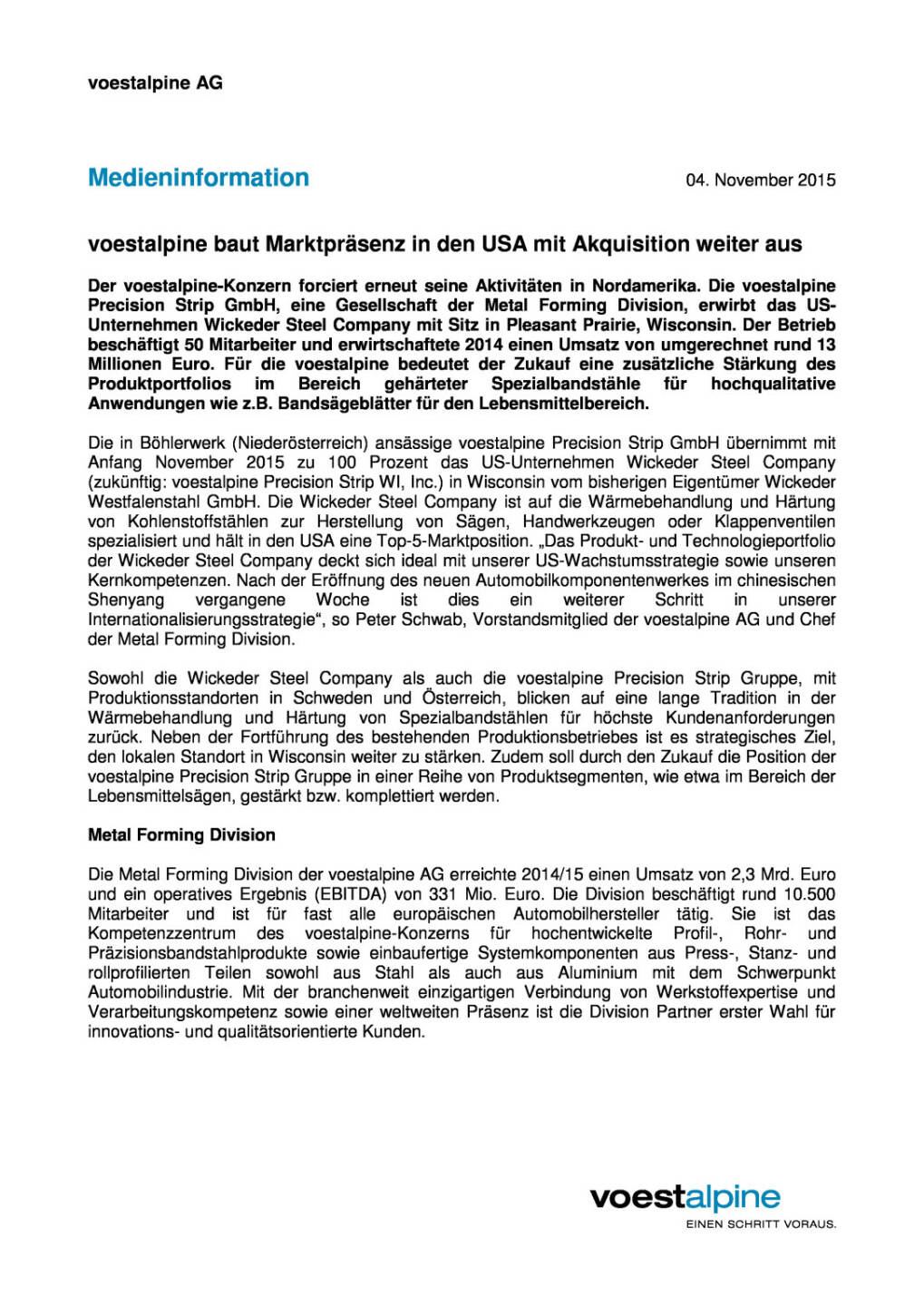 voestalpine baut Marktpräsenz in den USA mit Akquisition weiter aus, Seite 1/2, komplettes Dokument unter http://boerse-social.com/static/uploads/file_440_voestalpine_baut_marktprasenz_in_den_usa_mit_akquisition_weiter_aus.pdf