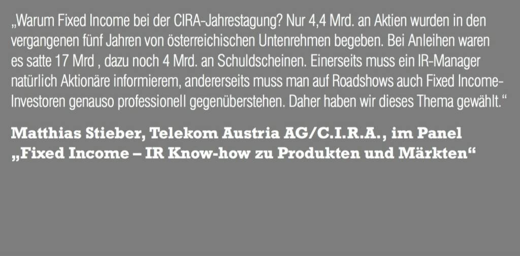 Matthias Stieber, Telekom Austria AG/C.I.R.A., im Panel „Fixed Income – IR Know-how zu Produkten und Märkten“ (06.11.2015) 