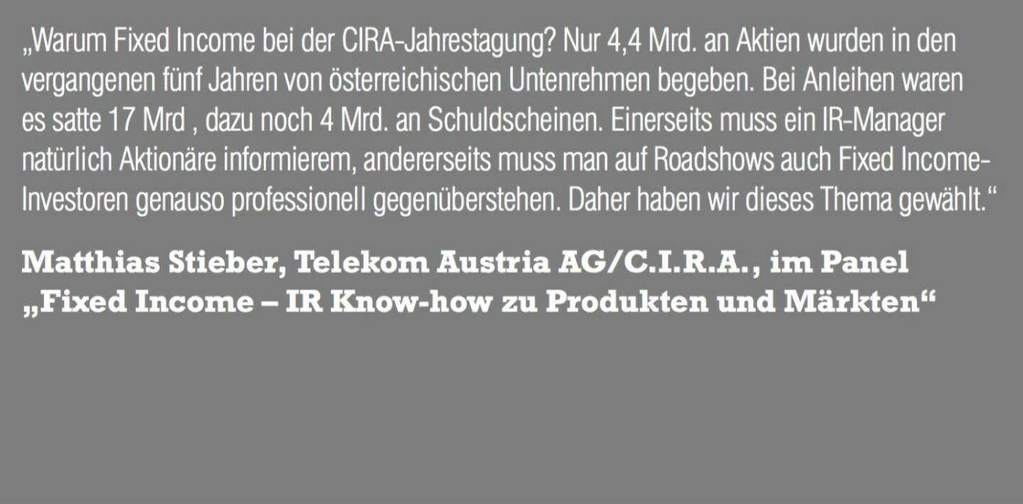 Matthias Stieber, Telekom Austria AG/C.I.R.A., im Panel „Fixed Income – IR Know-how zu Produkten und Märkten“