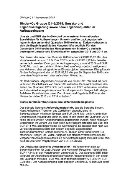 Binder+Co Gruppe Q1–3/2015, Seite 1/2, komplettes Dokument unter http://boerse-social.com/static/uploads/file_466_binderco_gruppe_q132015.pdf (11.11.2015) 