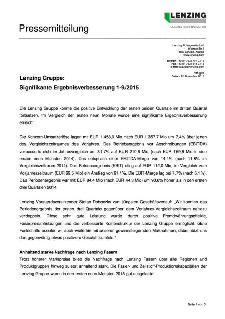 Lenzing Gruppe: Signifikante Ergebnisverbesserung 1-9/2015, Seite 1/3, komplettes Dokument unter http://boerse-social.com/static/uploads/file_468_lenzing_gruppe_signifikante_ergebnisverbesserung_1-92015.pdf (12.11.2015) 