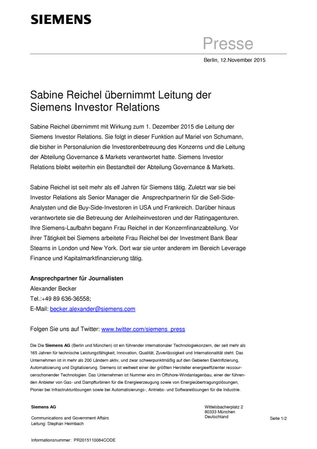 Sabine Reichel übernimmt Leitung der Siemens Investor Relations, Seite 1/2, komplettes Dokument unter http://boerse-social.com/static/uploads/file_471_sabine_reichel_ubernimmt_leitung_der_siemens_investor_relations.pdf