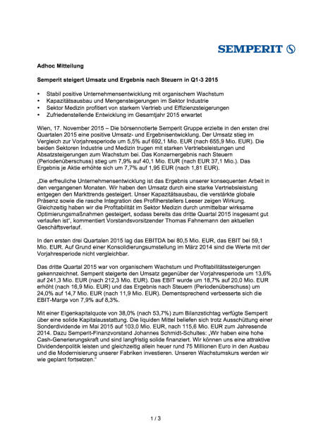 Semperit steigert Umsatz und Ergebnis nach Steuern in Q1-3 2015, Seite 1/3, komplettes Dokument unter http://boerse-social.com/static/uploads/file_475_semperit_steigert_umsatz_und_ergebnis_nach_steuern_in_q1-3_2015.pdf (17.11.2015) 