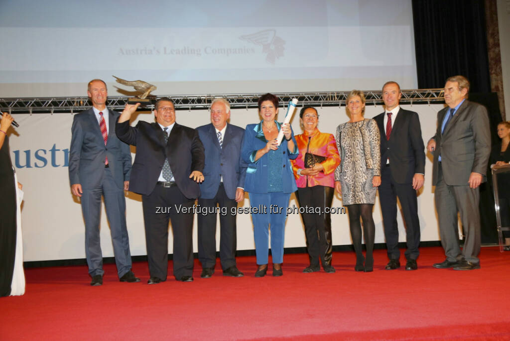 Österreichs Beste im Goldenen Mittelbau (v.li.): KSV1870-Vorstand Johannes Nejedlik, die Unternehmerfamilie Mauser mit Martin Mauser, Walter Mauser, Charlotte Mauser, Heidi Mauser, Silvia Mayerhofer und Herbert Körner sowie WKÖ-Vizepräsident Richard Schenz
 , © WirtschaftsBlatt (15.12.2012) 