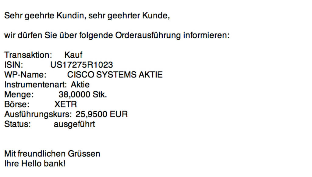 Tag 99: Kauf 38 Cisco Systems zu 25,95 Euro (23.11.2015) 