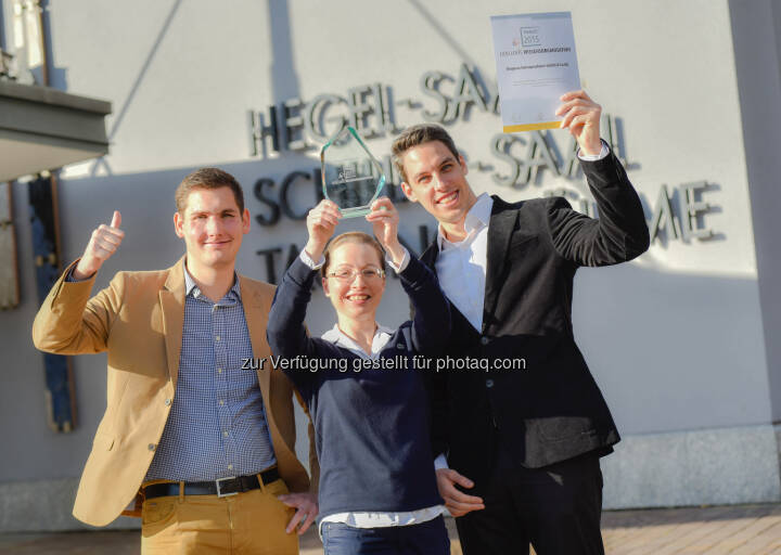Bruno Petrovic (Ltr. Operationsmanagement, Qualitätsmanagement und IT, CSR-Verantwortlicher, Co-GF Biogena), Daniela Toure-Demmerer (Ltr. Wissensmanagement, Informationsmanagement), Georg Hofstätter (Stellv. Ltr. Wissensmanagement, Informationsmanagement) : 11. Stuttgarter Wissensmanagement-Tagen 2015 : Biogena ist Finalist für den Award „exzellente Wissensorganisation“ : Fotocredit: Biogena/Weingartner
