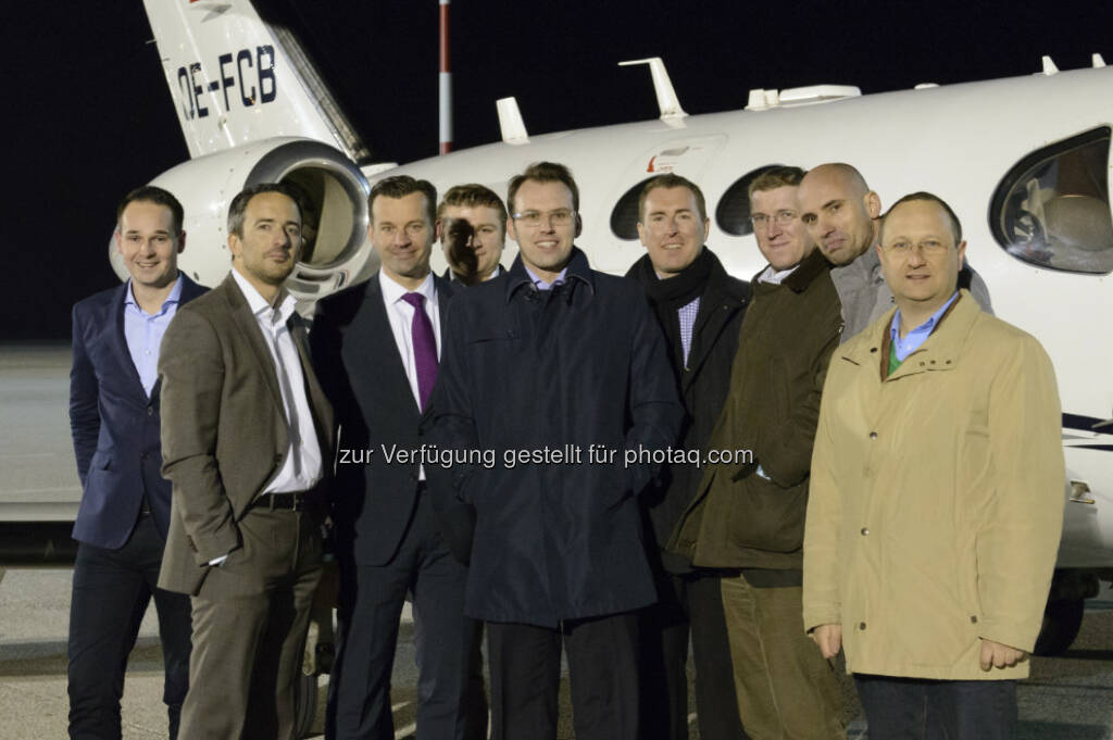 Jonathan Berdoz (Globeair), Manuel Taverne (Polytec), Gerhard Kürner (Voest), Norbert Langeder (Greiner), Willi Stock (Greiner), Bernhard Fragner (CEO GLobeair), Ralf Burchert (BWT), Werner Hutwagner (Polytec), Paul Rettenbacher (THI), © Greiner (28.03.2013) 