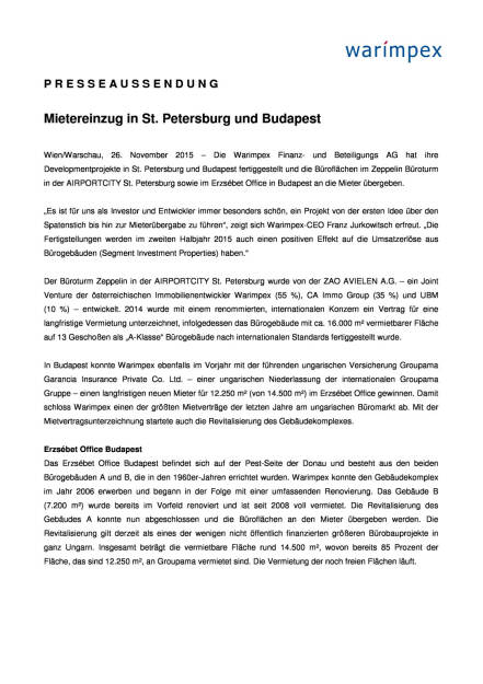 Warimpex: Mietereinzug in St. Petersburg und Budapest, Seite 1/2, komplettes Dokument unter http://boerse-social.com/static/uploads/file_494_warimpex_mietereinzug_in_st_petersburg_und_budapest.pdf (26.11.2015) 