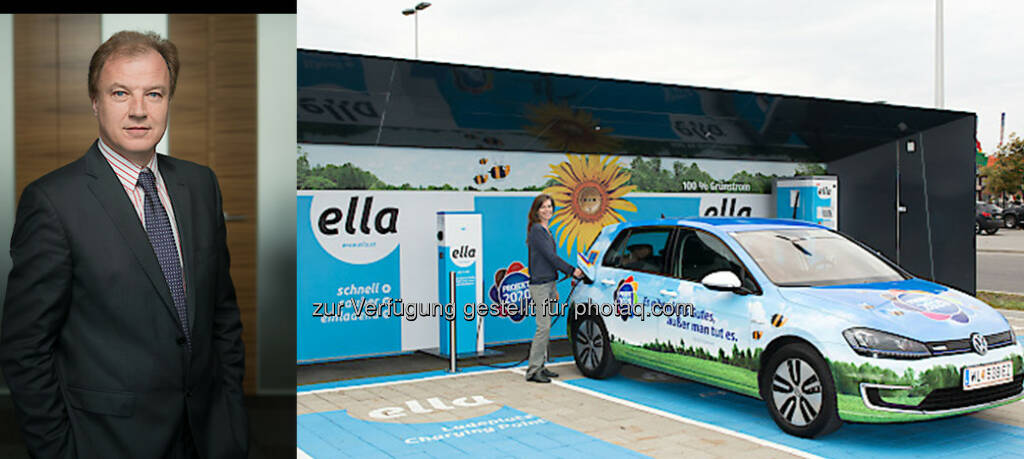 Andreas Dangl (Gründer, Vorstand Ella AG, Fotocredit: Eric Krügl), E-Ladestation (Fotocredit: Hofer) : Ganz in Grün unterwegs : Ella AG als starker Partner : Bei Hofer steht nun auch die E-Mobilität im Fokus der Nachhaltigkeitsinitiative „Projekt 2020“ : Schnell und kostenlos während des Einkaufs laden  , © Aussendung (26.11.2015) 