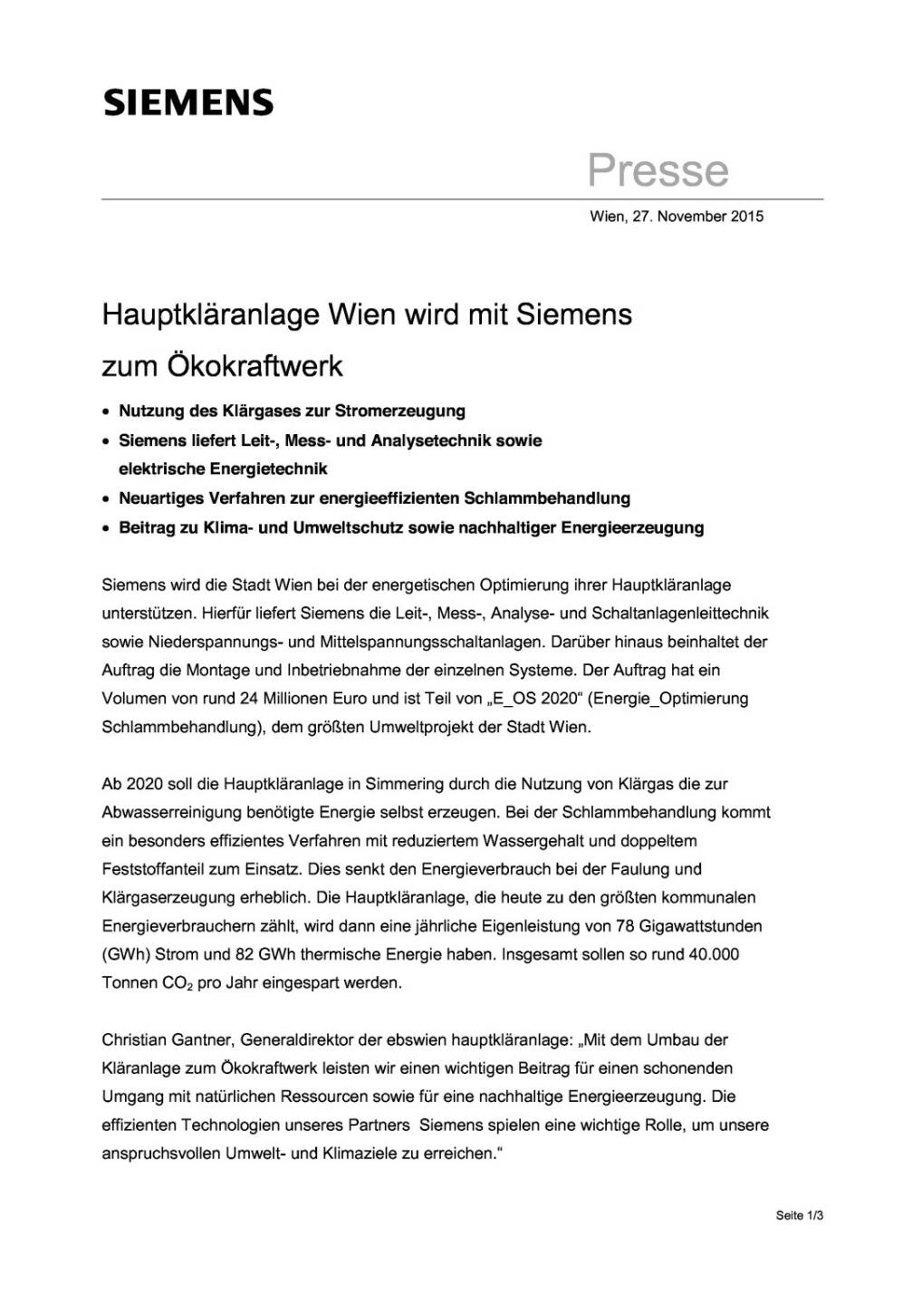 Hauptkläranlage Wien wird mit Siemens zum Ökokraftwerk, Seite 1/3, komplettes Dokument unter http://boerse-social.com/static/uploads/file_500_hauptklaranlage_wien_wird_mit_siemens_zum_okokraftwerk.pdf