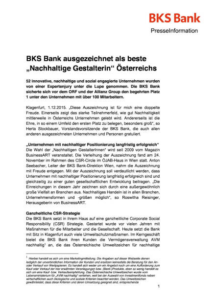 BKS Bank beste „Nachhaltige Gestalterin“ Österreichs, Seite 1/2, komplettes Dokument unter http://boerse-social.com/static/uploads/file_502_bks_bank_beste_nachhaltige_gestalterin_österreichs.pdf (01.12.2015) 