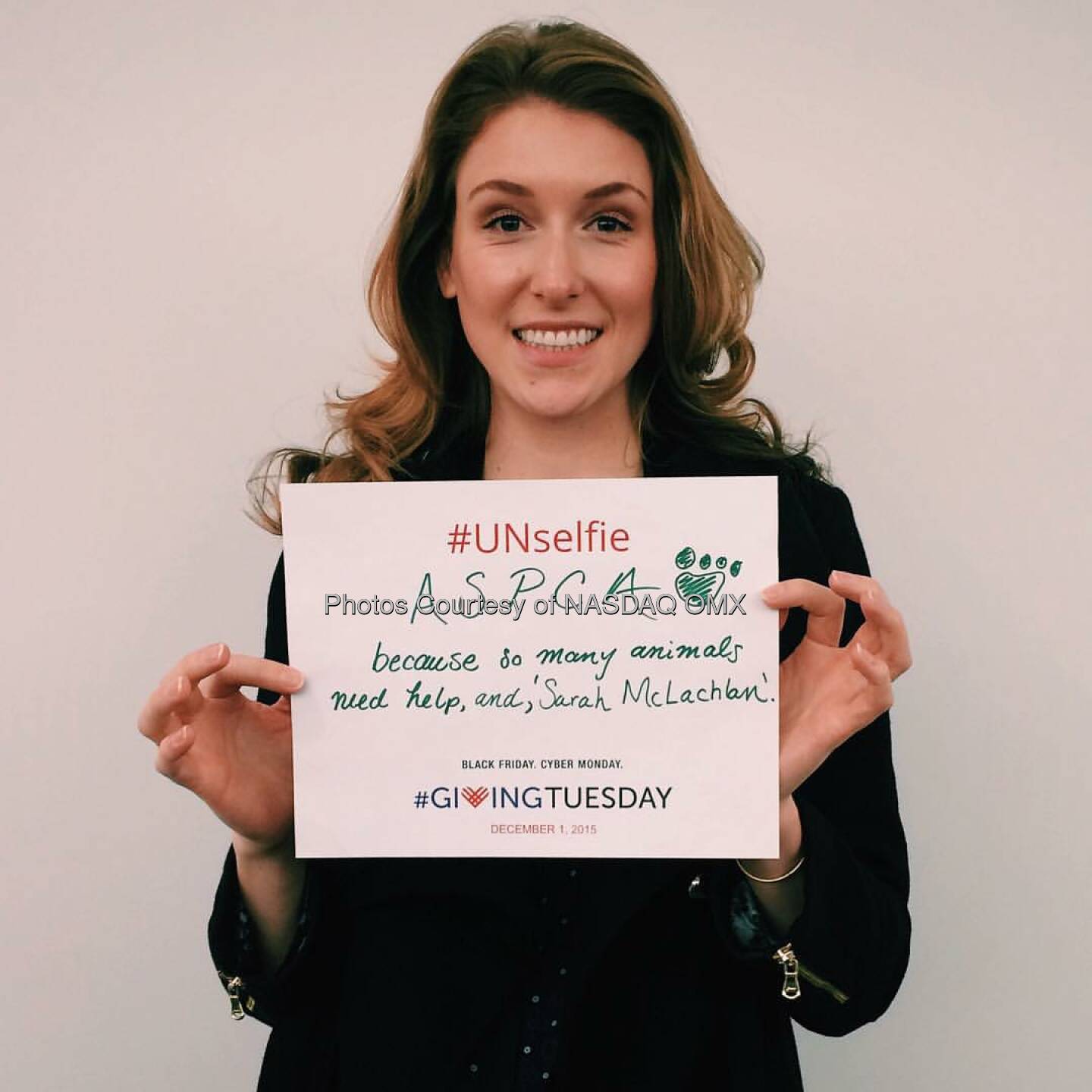Are you ready for @givingtuesday tomorrow? Join us along with @blackbaud, @microsoft @92ndstreety and the @unitednations by sending us your #UNselfie to be featured on the #Nasdaq Tower tomorrow morning like @megmodic just did for the @ASPCA    Source: http://facebook.com/NASDAQ