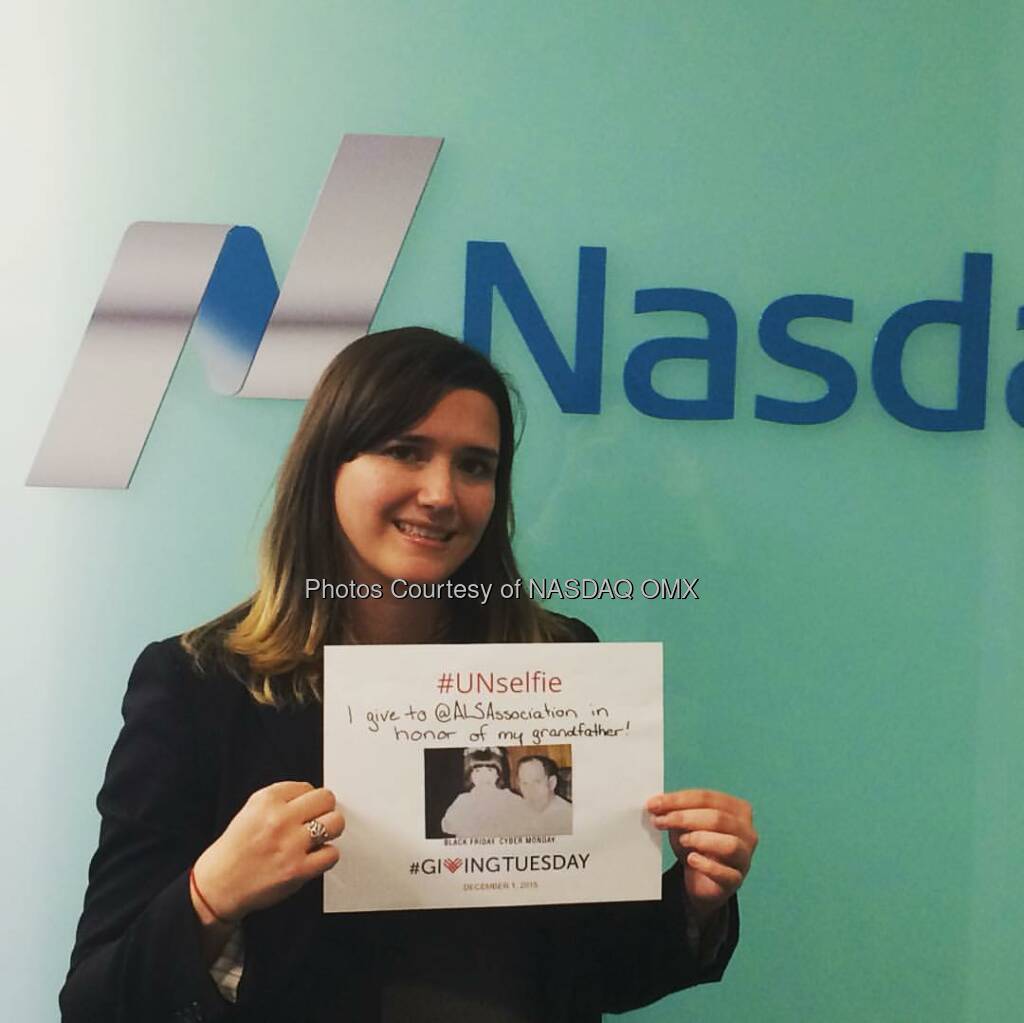 Nasdaq's Melissa MacEwen gives to the @als association to #strikeoutALS on #GivingTuesday! #UNselfie  Source: http://facebook.com/NASDAQ (02.12.2015) 