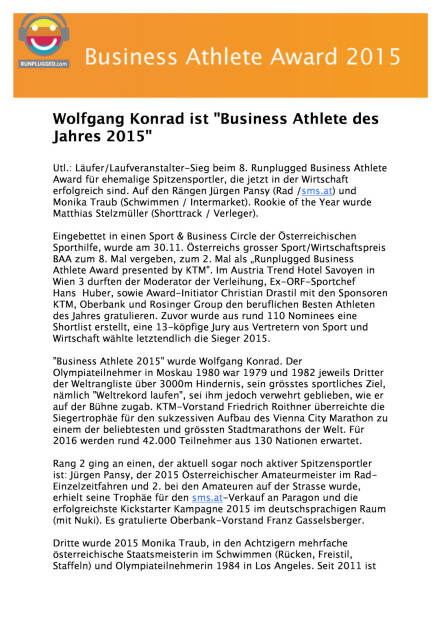 Runplugged Business Athlete Award 2015 - Pressemeldung, Seite 1/2, komplettes Dokument unter http://boerse-social.com/static/uploads/file_504_runplugged_business_athlete_award_2015_-_pressemeldung.pdf (02.12.2015) 