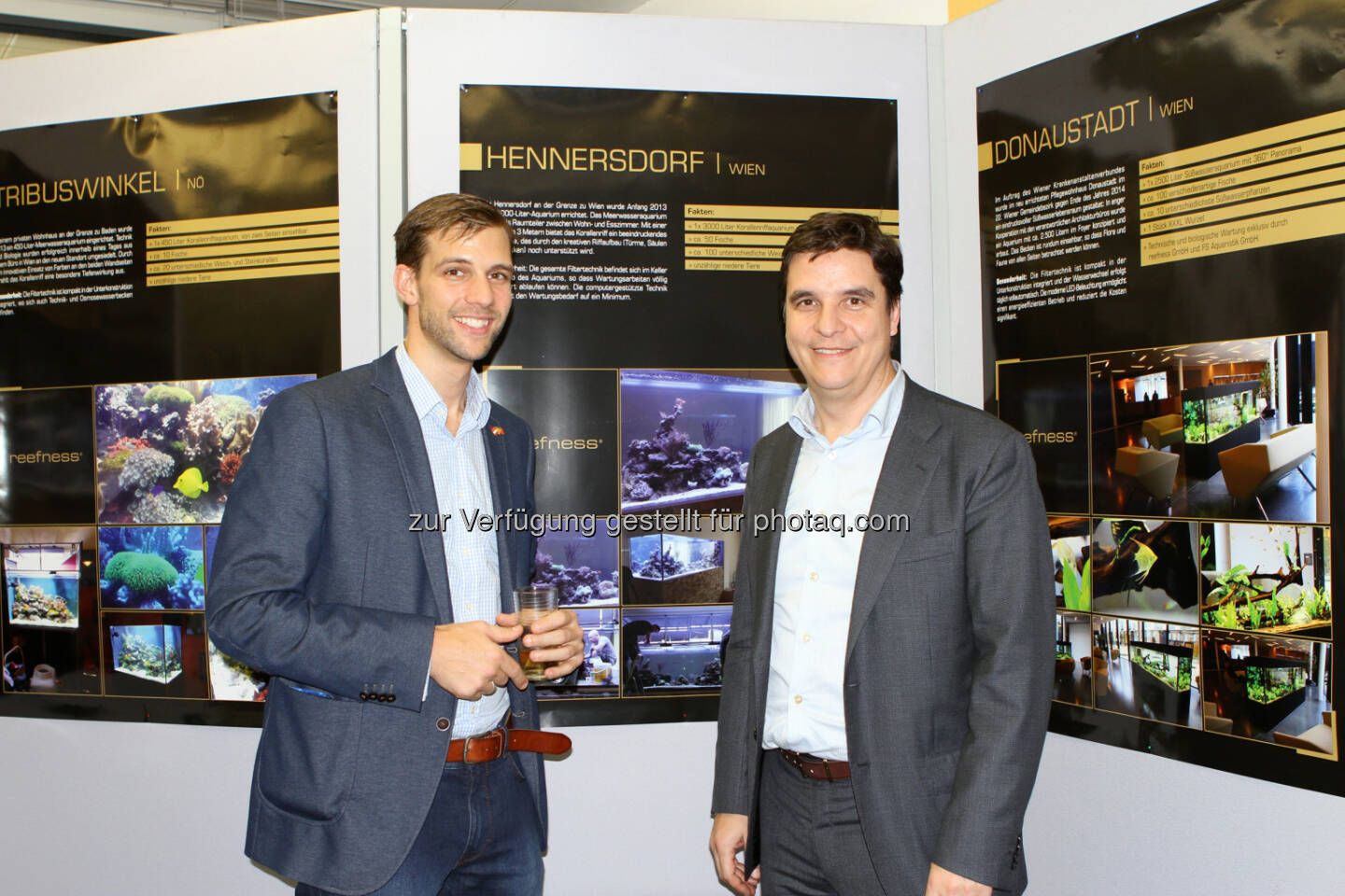 Francisco Somborn (GF), Laszlo Kovacs (Eigentümer) : Hausmesse der reefness GmbH - Aquarienanlagenbau mit Schwerpunkt Meerwasser - im U4 Center : Fotocredit: reefness GmbH/Alushaj