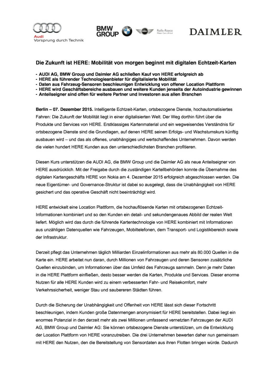 Audi, BMW Group und Daimler AG schließen Kauf von Here erfolgreich ab, Seite 1/4, komplettes Dokument unter http://boerse-social.com/static/uploads/file_509_audi_bmw_group_und_daimler_ag_schliessen_kauf_von_here_erfolgreich_ab.pdf