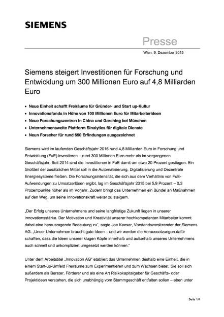 Siemens steigert Investitionen für Forschung und Entwicklung , Seite 1/4, komplettes Dokument unter http://boerse-social.com/static/uploads/file_514_siemens_steigert_investitionen_für_forschung_und_entwicklung.pdf (09.12.2015) 