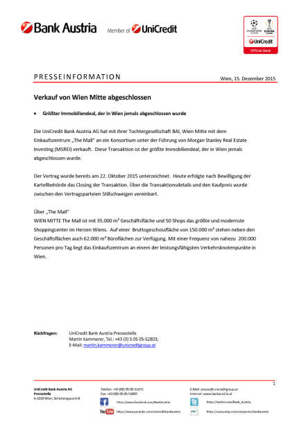 Bank Austria: Verkauf von Wien Mitte abgeschlossen, Seite 1/1, komplettes Dokument unter http://boerse-social.com/static/uploads/file_524_bank_austria_verkauf_von_wien_mitte_abgeschlossen.pdf (15.12.2015) 