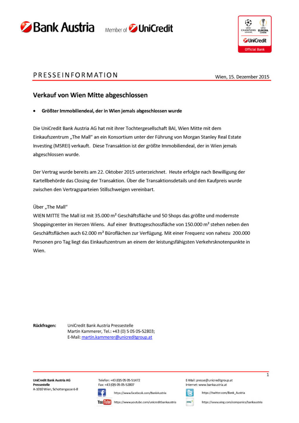 Bank Austria: Verkauf von Wien Mitte abgeschlossen, Seite 1/1, komplettes Dokument unter http://boerse-social.com/static/uploads/file_524_bank_austria_verkauf_von_wien_mitte_abgeschlossen.pdf