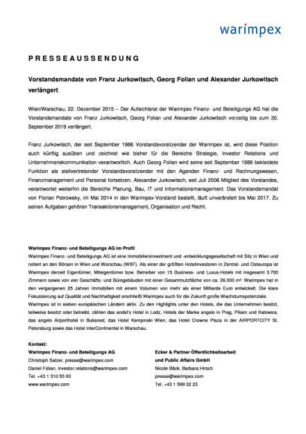 Warimpex: Vorstandsmandate verlängert, Seite 1/1, komplettes Dokument unter http://boerse-social.com/static/uploads/file_536_warimpex_vorstandsmandate_verlangert.pdf (22.12.2015) 