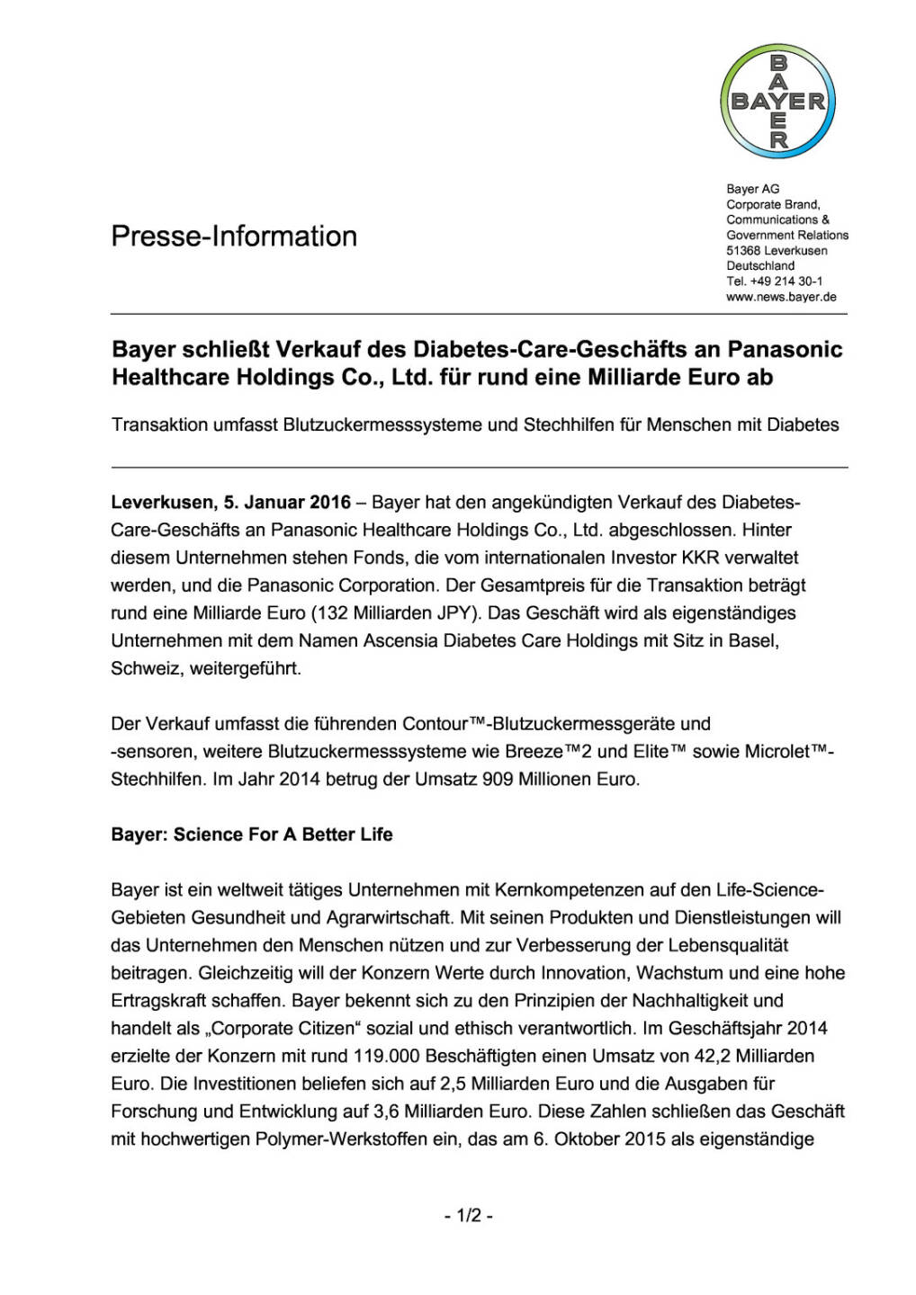 Bayer verkauft Diabetes-Care-Geschäft, Seite 1/2, komplettes Dokument unter http://boerse-social.com/static/uploads/file_540_bayer_verkauft_diabetes-care-geschaft.pdf