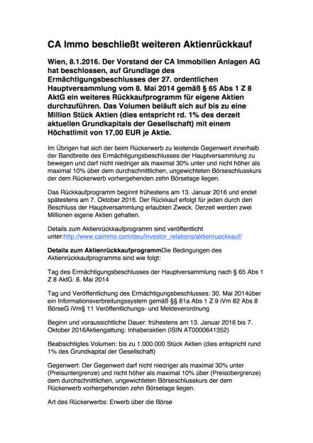 Weiterer Aktienrückkauf bei der CA-Immo, Seite 1/2, komplettes Dokument unter http://boerse-social.com/static/uploads/file_542_weiterer_aktienruckkauf_bei_der_ca-immo.pdf (08.01.2016) 