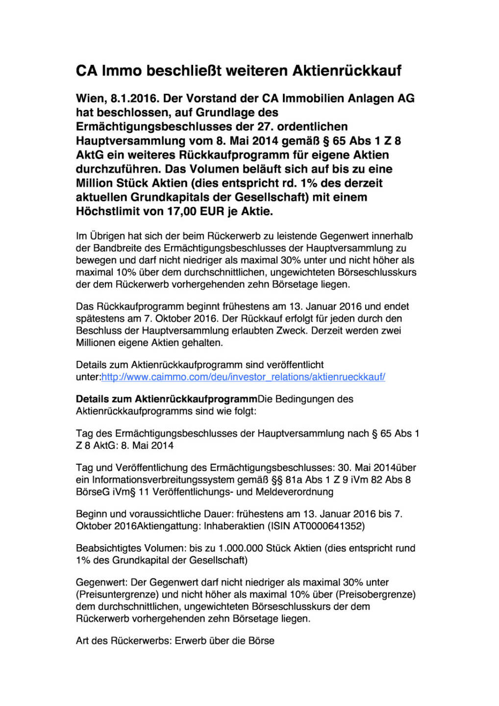 Weiterer Aktienrückkauf bei der CA-Immo, Seite 1/2, komplettes Dokument unter http://boerse-social.com/static/uploads/file_542_weiterer_aktienruckkauf_bei_der_ca-immo.pdf