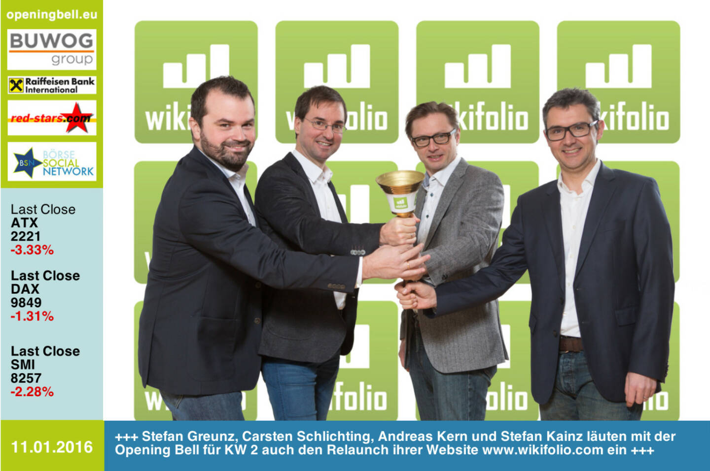 #openingbell am 11.1.: Stefan Greunz, Carsten Schlichting, Andreas Kern und Stefan Kainz läuten mit der Opening Bell für KW 2 auch den Relaunch ihrer Website http://www.wikifolio.com ein http://www.openingbell.eu