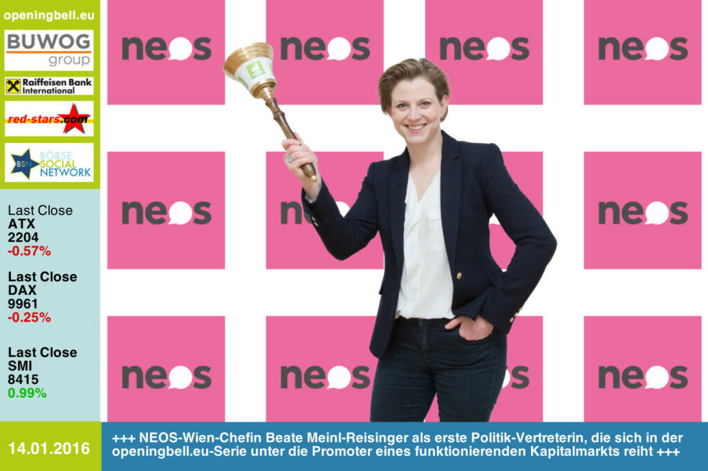 #openingbell am 14.1.: NEOS-Wien-Chefin Beate Meinl-Reisinger als erste Politik-Vertreterin, die sich in der openingbell.eu-Serie unter die Promoter eines funktionierenden Kapitalmarkts reiht https://neos.eu http://www.openingbell.eu (14.01.2016) 