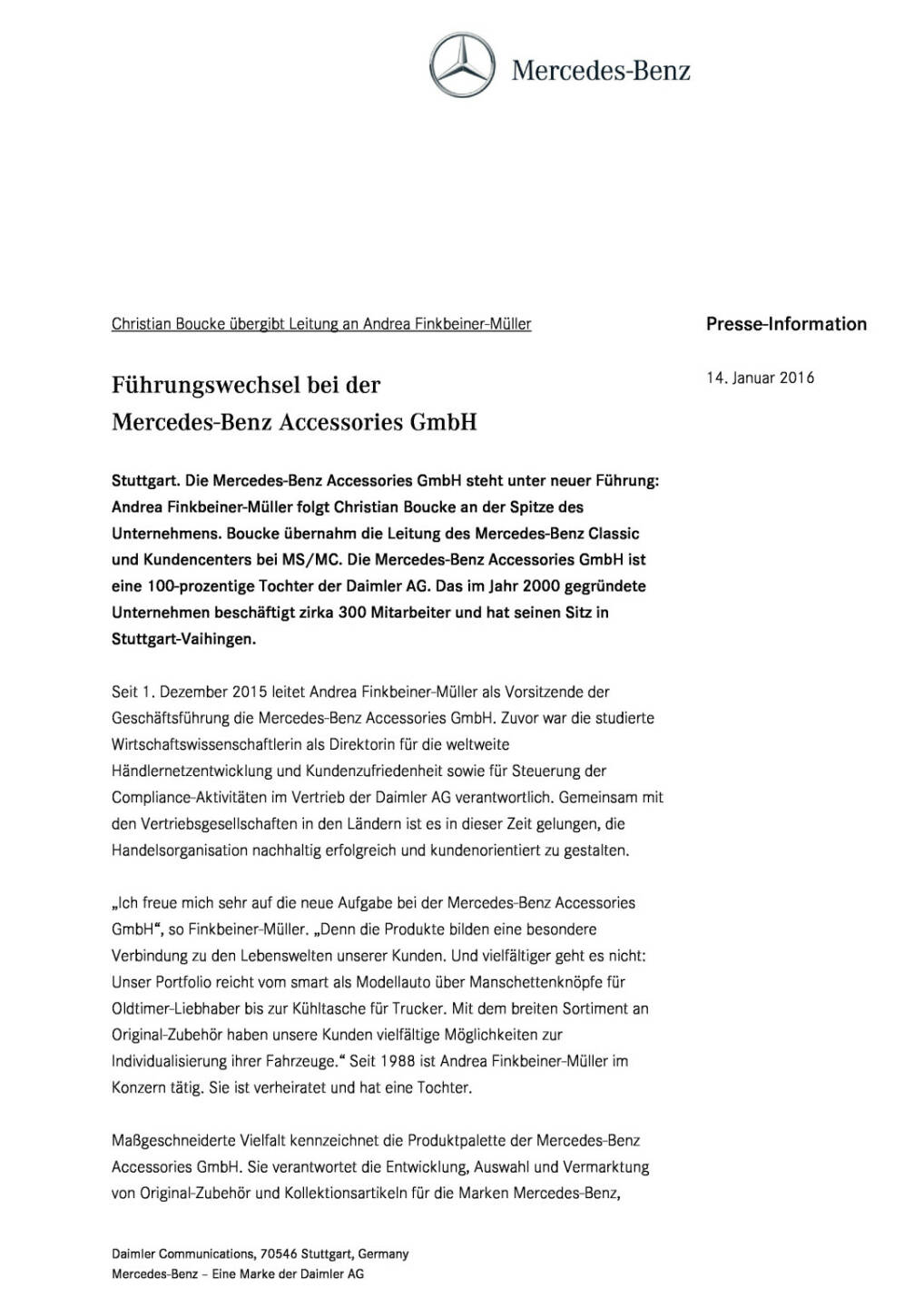 Führungswechsel bei der Mercedes-Benz Accessories GmbH, Seite 1/2, komplettes Dokument unter http://boerse-social.com/static/uploads/file_551_führungswechsel_bei_der_mercedes-benz_accessories_gmbh.pdf