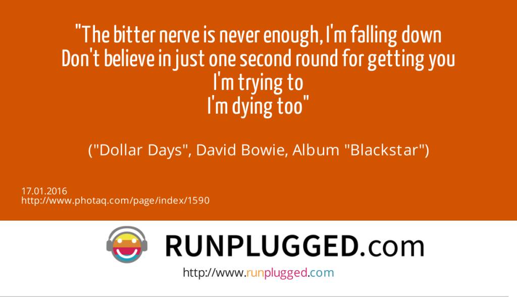 14.1. The bitter nerve is never enough, I'm falling down<br>Don't believe in just one second round for getting you<br>I'm trying to<br>I'm dying too<br><br> (Dollar Days, David Bowie, Album Blackstar) (17.01.2016) 